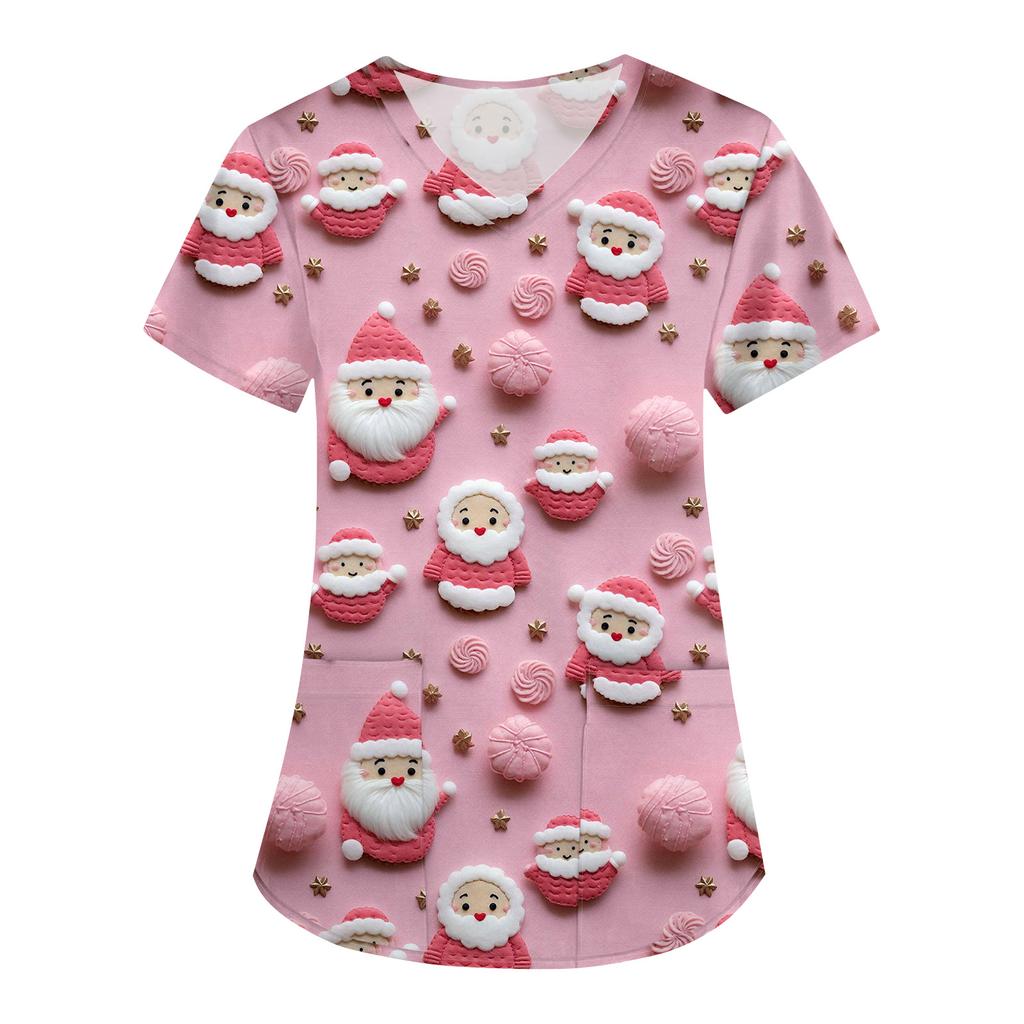 Women's Christmas Print Loose V-Neck Pocket Short-Sleeved Uniform