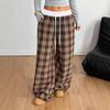 Pantaloni Casual Lunghi a Quadri con Vita Elastica e Gamba Larga, Stile Vintage Rilassato, per Donna