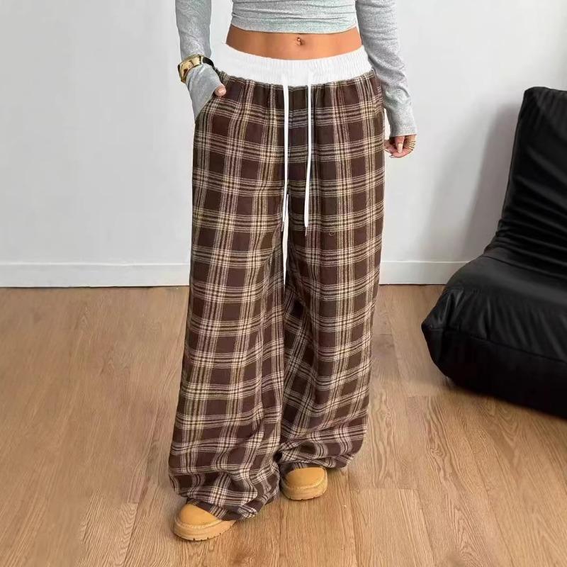 Pantaloni Casual Lunghi a Quadri con Vita Elastica e Gamba Larga, Stile Vintage Rilassato, per Donna