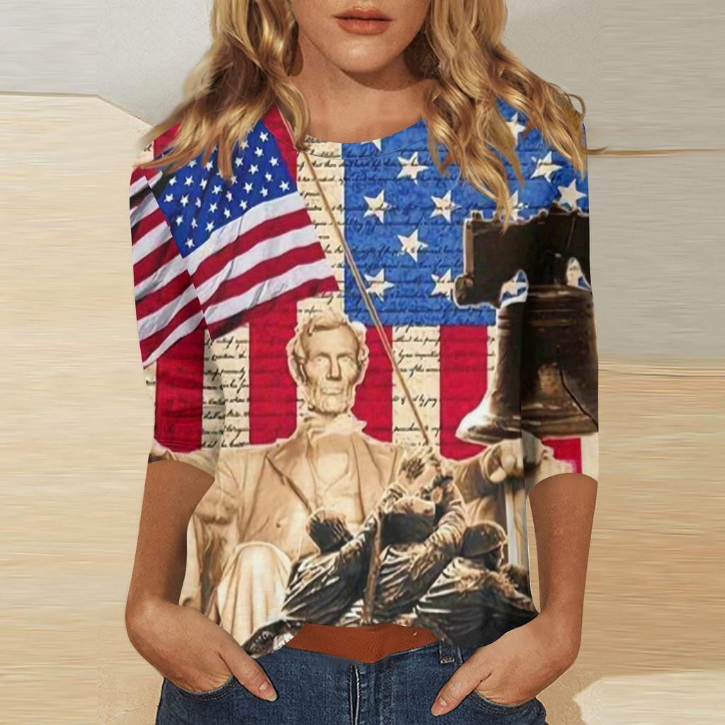 Women's Independence Day Print Round Neck Seven-Eighths Sleeve Top