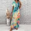 Women Plus Size V Neck Short Sleeve Colorful Swirl Printed Long Maxi Dress