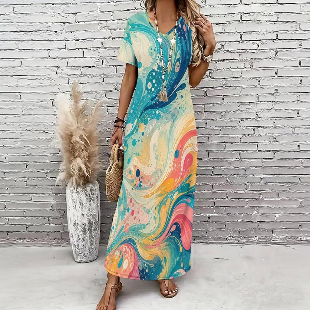 Women Plus Size V Neck Short Sleeve Colorful Swirl Printed Long Maxi Dress