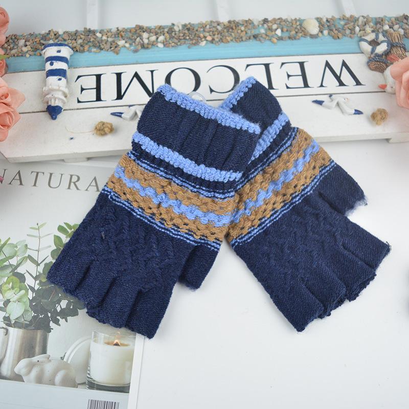 Men's Warm Half-Finger Gloves Winter Jacquard Student Writing Office Wool Gloves