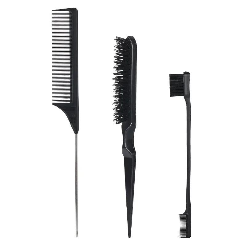 New 3Pcs Slick Back Hair Brush Set Bristle Hair Brush Brush Teasing Comb for Women Baby Kids Black Hair