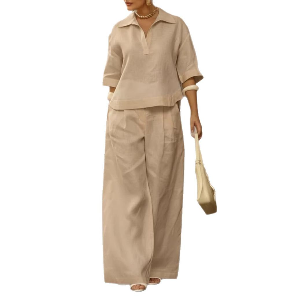2026 European and American cross-border Amazon independent station spring and summer new solid color set, thin versatile wide-leg pants two-piece set