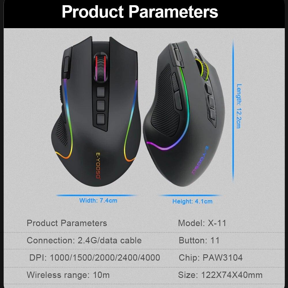 E-YOOSO X-11 RGB USB 2.4G Wireless Gaming Mouse 4000 DPI 9 Buttons Programmable Ergonomic for Gamer Mice Laptop PC Computer