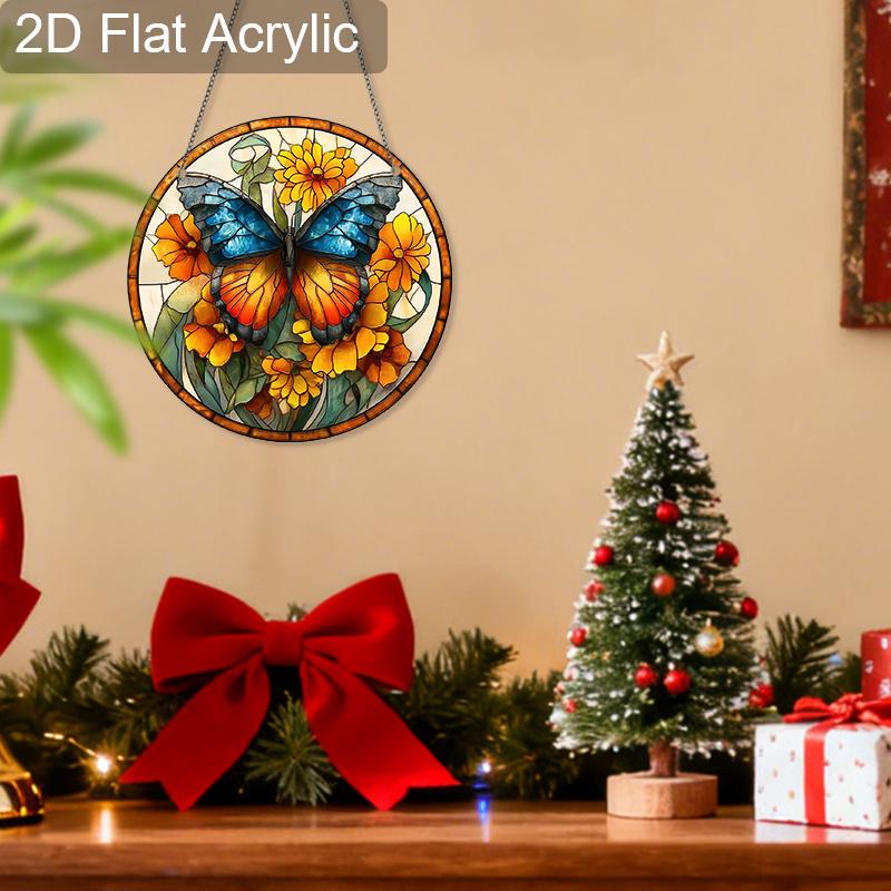 Acrylic Blue-Orange Butterfly with Yellow Flowers Suncatcher, Stained Glass Effect Window Hanging Ornament for Nature & Art Lover Gifts
