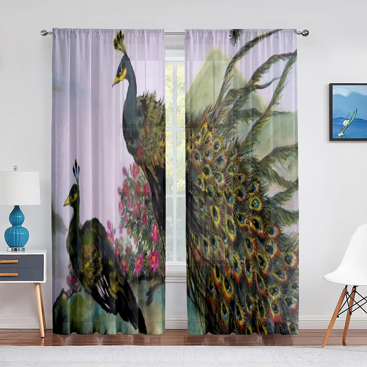 Голубые красивые прозрачные шторы с изображением павлина — фото 2