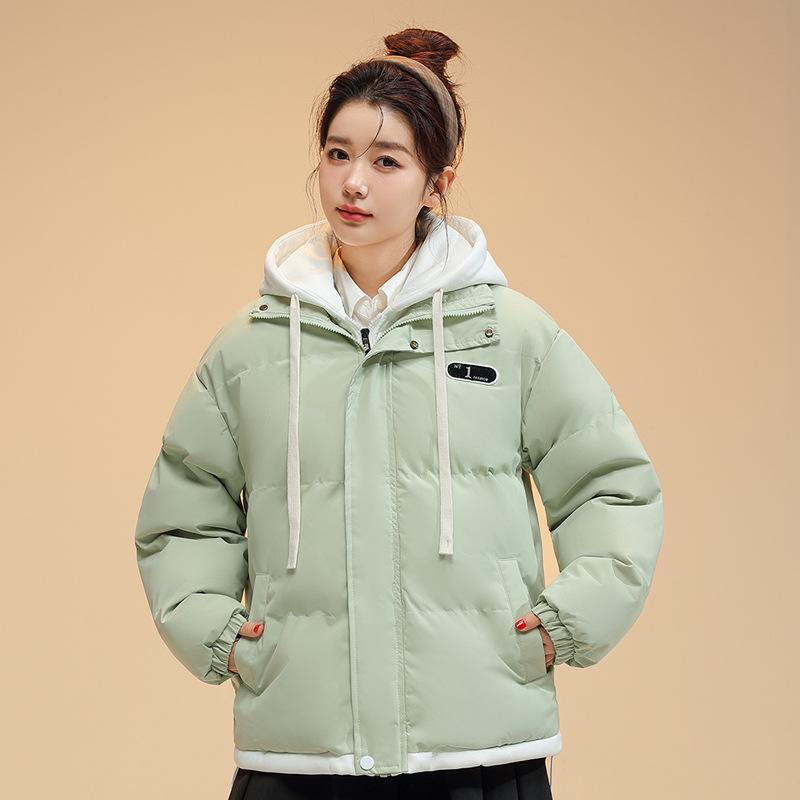 New Winter Fake Two-piece Hooded Cotton-padded Jacket Women's Winter Casual Loose Bread Coat with Contrasting Cotton Coat.