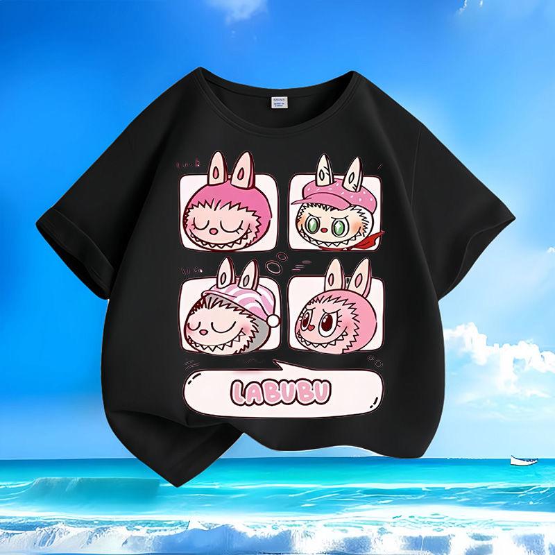 LABUBU New Round Neck Children's Short-sleeved, Multicolor LABUBU Expression Printed Girls' T-shirt,  Versatile Children's Tops