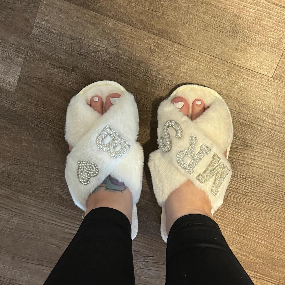 Pearl Letter MRS Plush Cross-Band Slippers for Bridesmaids