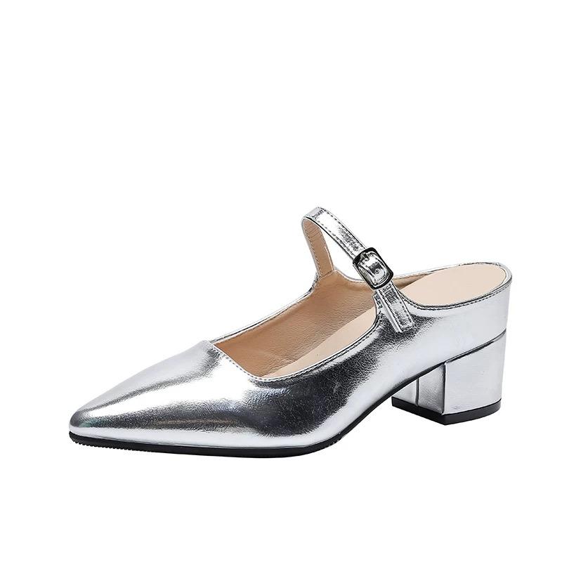 Fashion Wearing Baotou High-heeled Shoes for Women in Summer New Pointed Toe Shallow Mouth with Square Heel Slippers