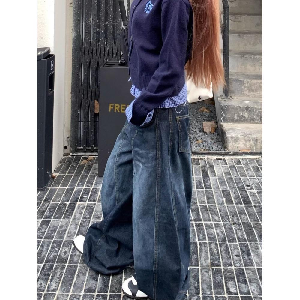 Retro Washed Scimitar Y2K Jeans Women's Fashion High Street Design Baggy Jeans Versatile Harajuku Wide Leg Floor-Mopping Pants