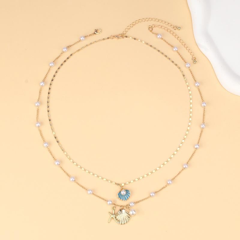 Ocean Style Starfish & Seashell Necklace Set with Metal and Imitation Pearl Chain