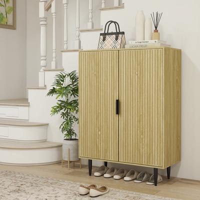5-Tier Shoe Cabinet, Adjustable Shelves, 2 Doors, Metal Legs, 15 Pairs, Oak Finish