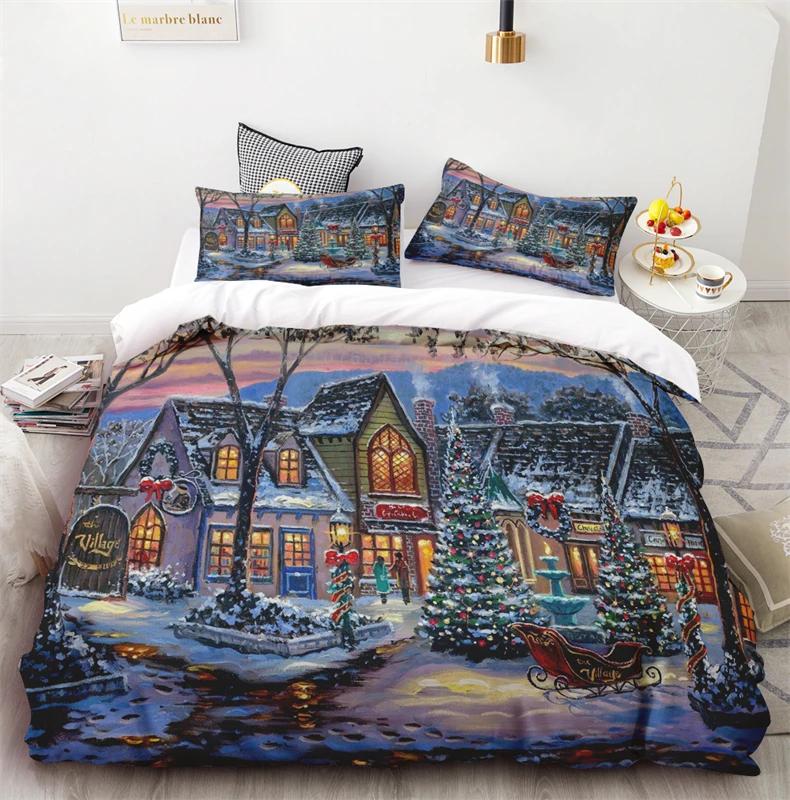 New Style Duvet Cover Christmas Santa Elk HD Printing One Quilt Cover Two Pillowcases Cover Set Bed Linen For Home Decorations