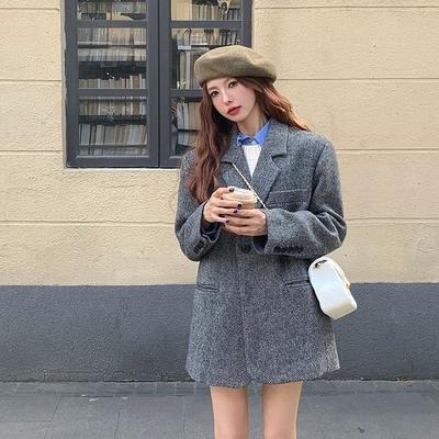 Cappotto in Lana Grigio Spina di Pesce Vestibilità Larga Spesso Caldo Cappotto Invernale Capospalla alla Moda per Donne Elegante e Accogliente