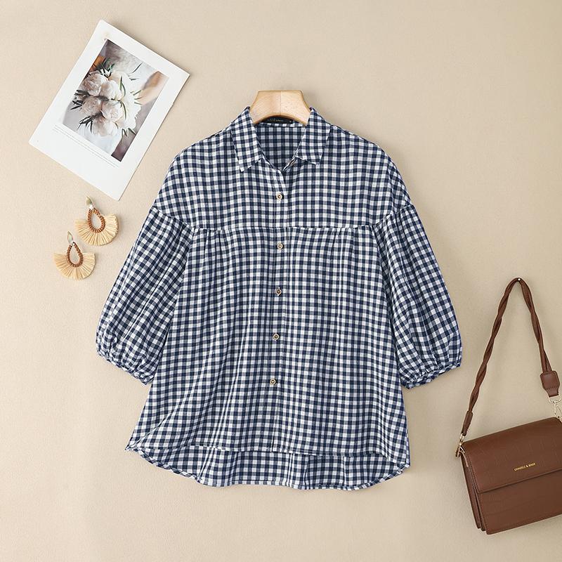 ZANZEA Women Turn Down Collar Loose Casual Half Sleeve Grid Print Blouse