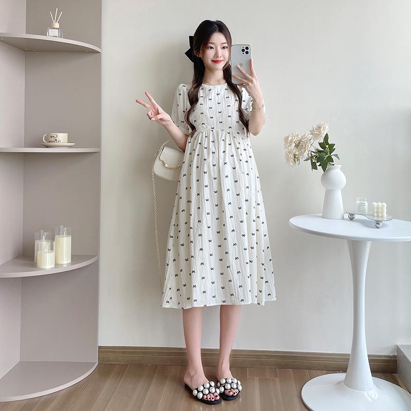 Summer 2026 Korean Style Printed Maternity Dress with Short Sleeves 2XL
