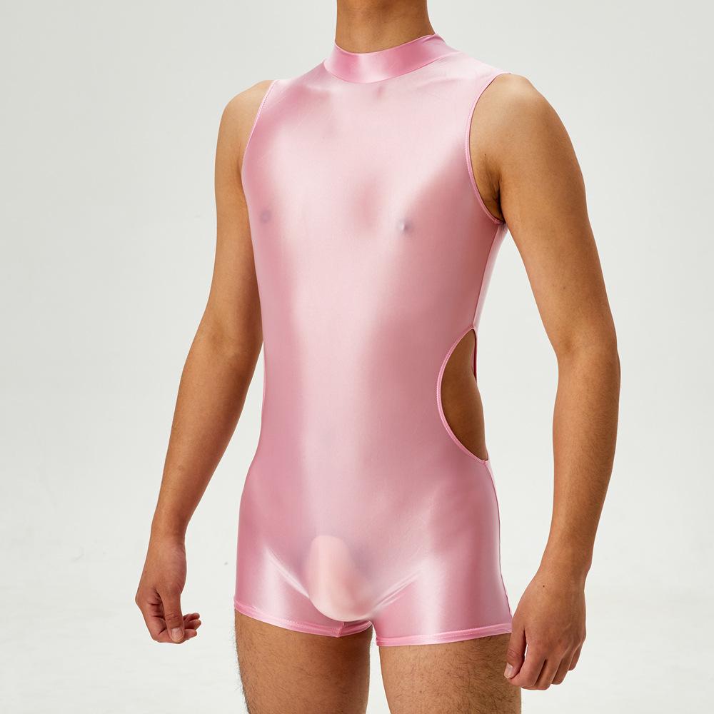 Sexy Herren-Einteiler Ausgeschnittenes Bodysuit Unisex Strumpfhose Elastisches Leotard Öl Glänzend Glatt Leotard Formgebender Jumpsuit