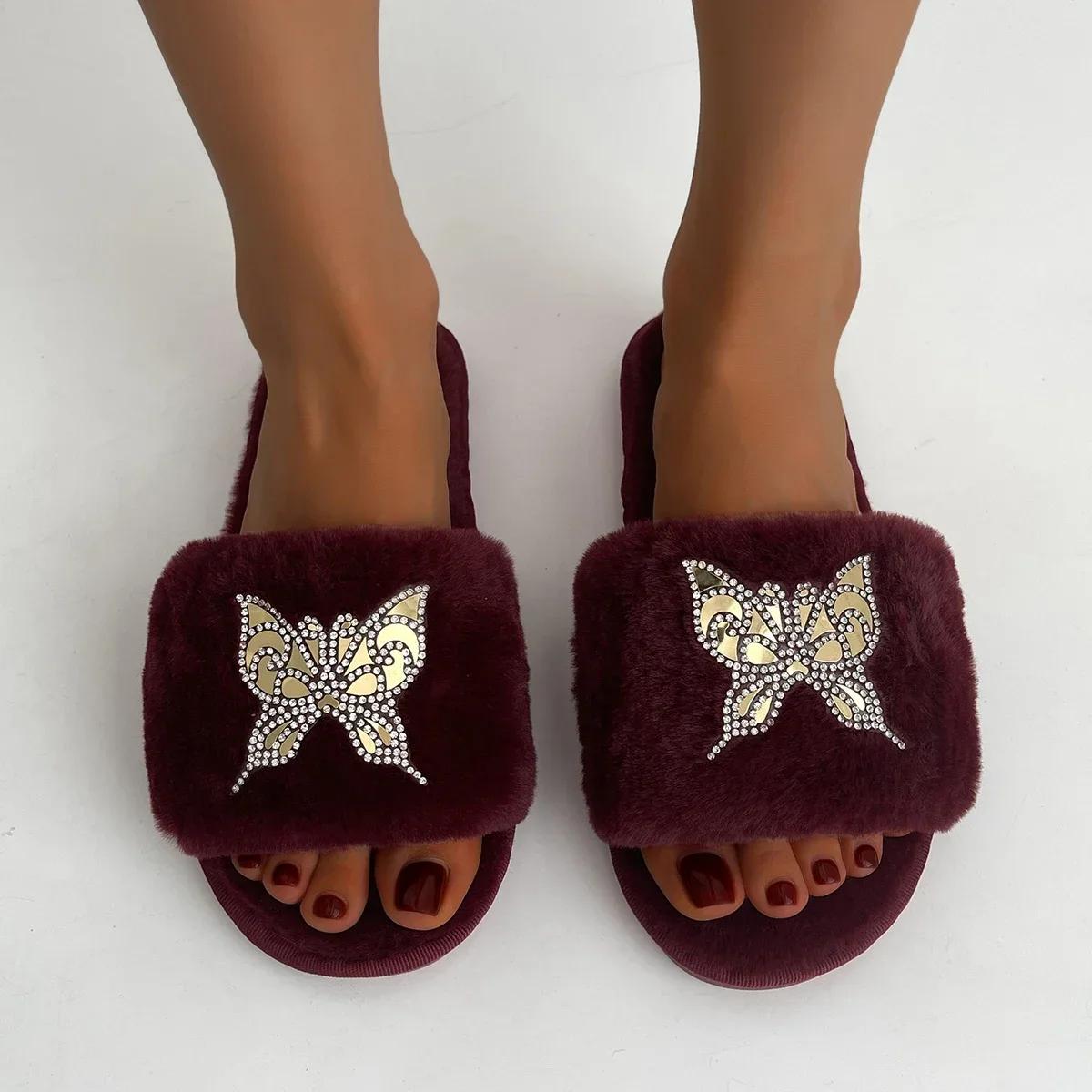 

Милые теплые плюшевые тапочки женские простые плоские низкие каблуки женские туфли с бабочкой домашние пушистые меховые тапочки 39 вино красного