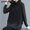 Spring Autumn Korean Style Black Elegant Fashion Double Layer Pullover Casual Chiffon Shirt Women Lapel Long Sleeve Blouse 5XL
