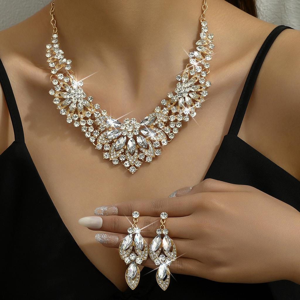 Vintage Necklace Earrings Set Women Leaves Flowers Rhinestone Bridal Accessories