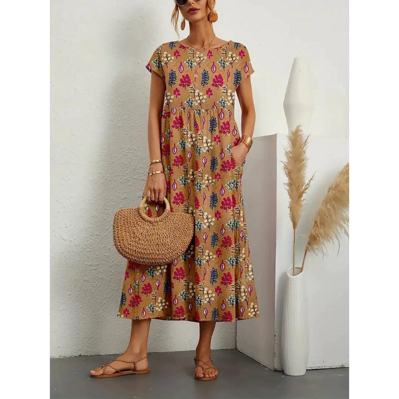 Women's Loose Cotton Linen Summer Dress with Round Neck and Pocket