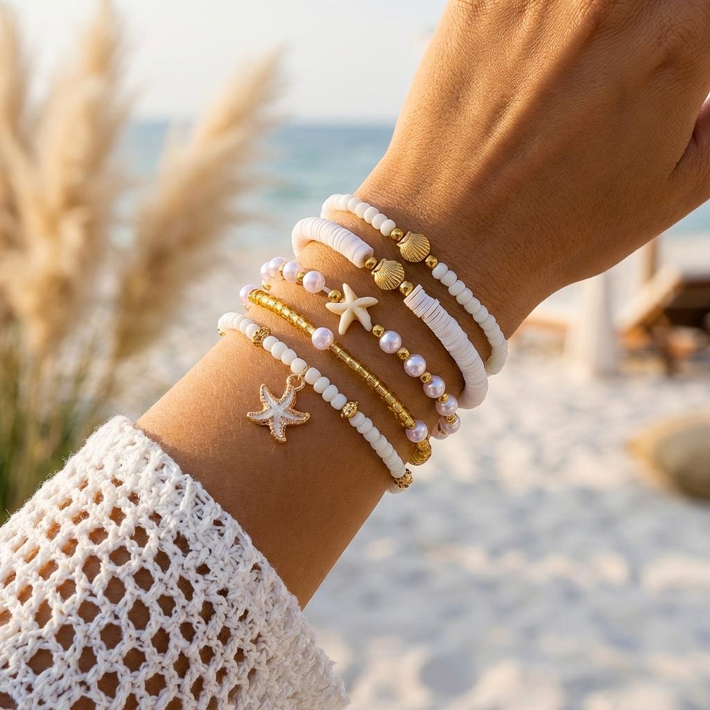 Women's Bohemian Starfish Shell Heishi Beads Bracelet Dainty Crushed Stone Braided Rope Chain Stackable Party Jewelry Gift