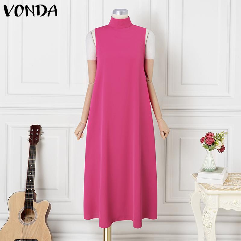 VONDA Women Summer Stand Collar Sleeveless Solid Color Dresses