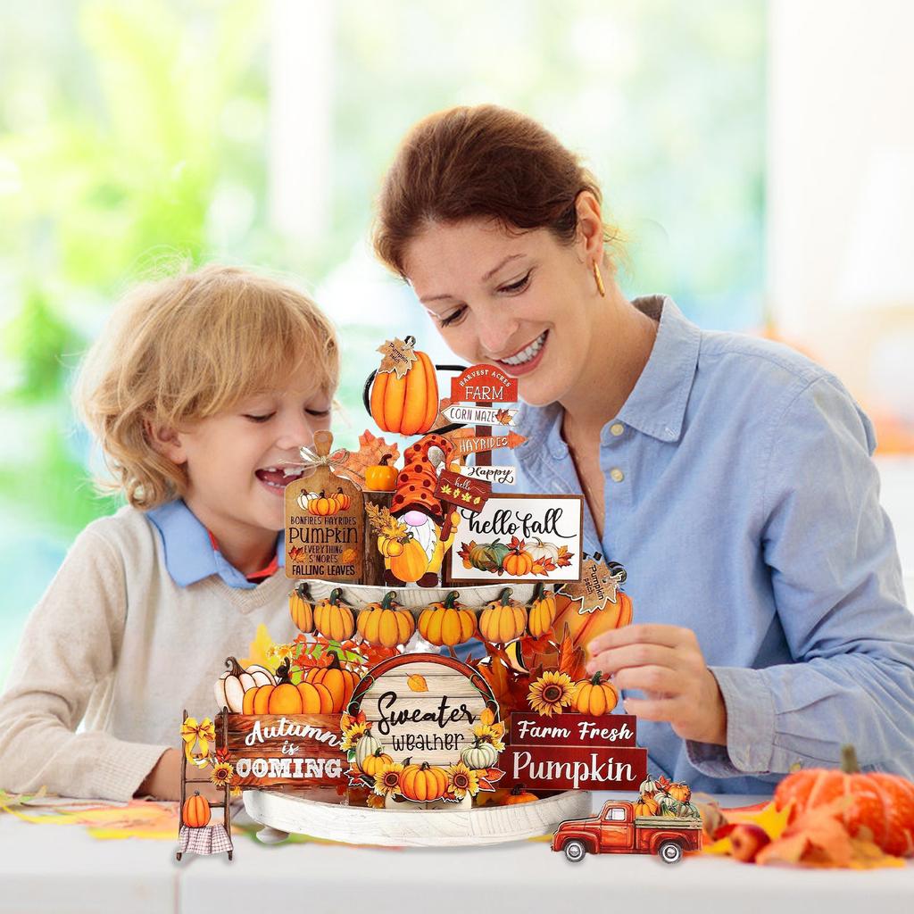 16 Pcs Fall Tiered Tray Decor Set Wooden Pumpkin Gnome Truck Thanksgiving Tiered Tray Decoration