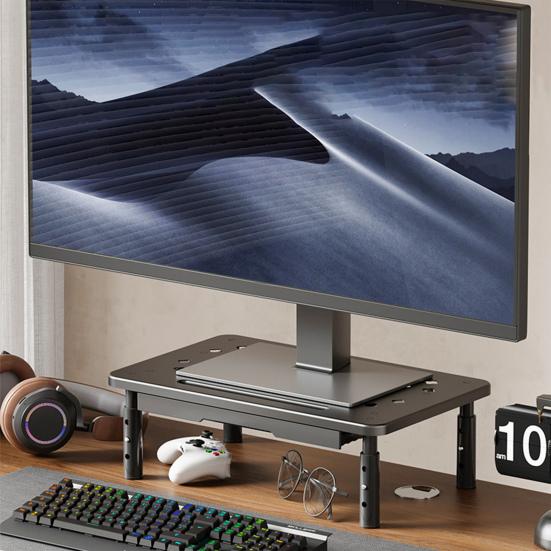 Computer Monitor Riser Cold-Rolled Steel Ventilated Monitor Stand with Drawer 3-Level Height Adjustment Laptop Stand for Home Office