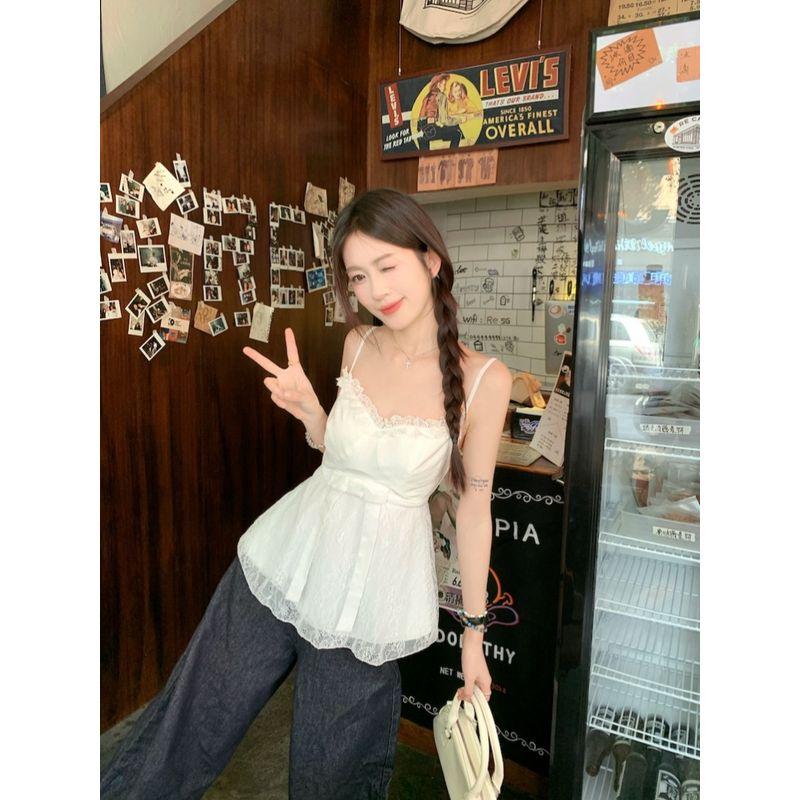 Kumikumi Sweet Gyaru Style Contrast Color Lace Cami Women Summer Bow Waist Hugging Age Reducing Sleeveless Top