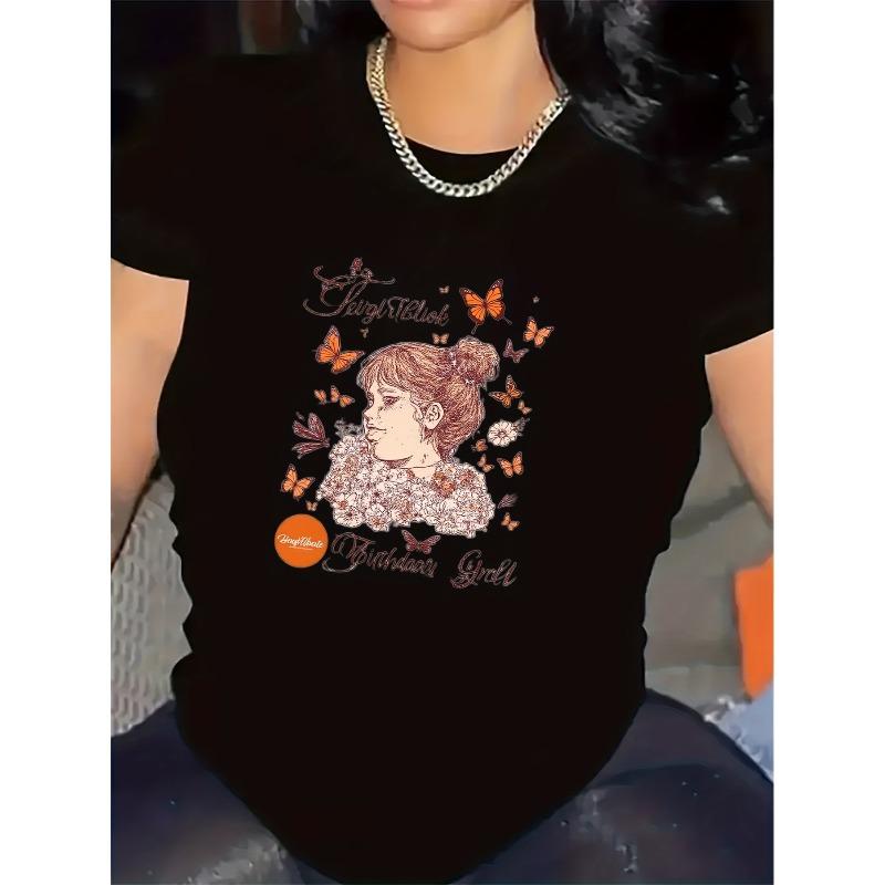 

Women Black White Graphic T-Shirt Floral Butterfly Print Round Crew Neck Soft Lightweight Elegant All-Season Casual Formal Valentine Gift Top 4XL чорний