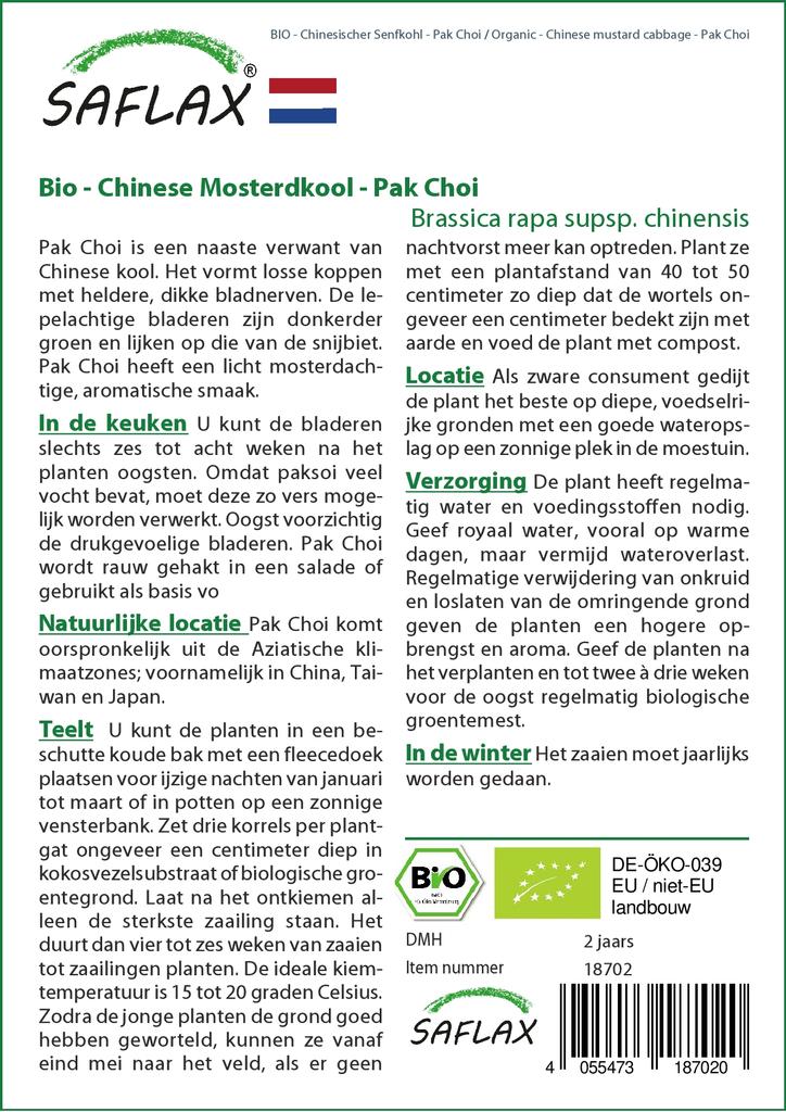 SAFLAX Garden In the Bag - Organic - Chinese Mustard Cabbage - Pak Choi - 300 Seeds - With Substrate In a Fitting Stand Up Bag - Brassica Rapa