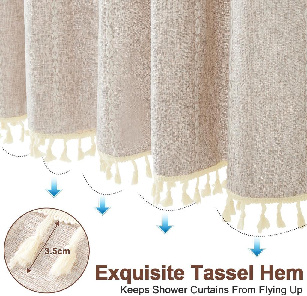 300GSM Thickened Polyester Linen Blend Shower Curtain, Waterproof Lotus Coating, Vertical Stripes with Tassel Hem