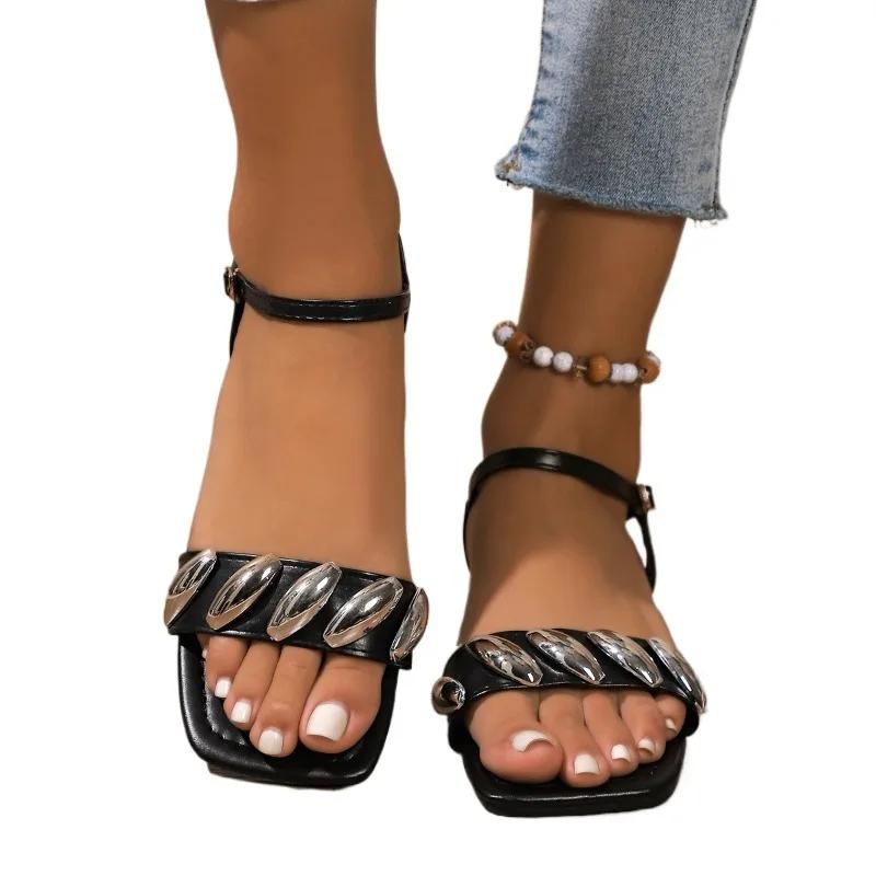 2025 Brand Ladies Shoes Buckle Strap Women's Sandals Metal Decoration New Open Toe Plus Size Comfortable Flat Sandals
