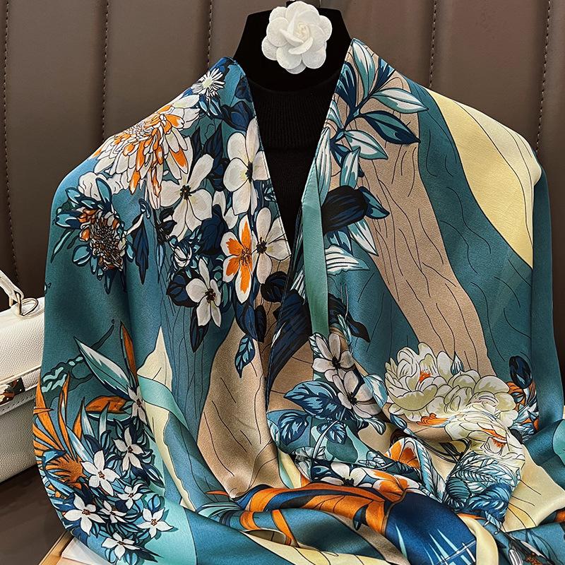 Spring and summer new silk scarf, brocade versatile thin shawl, breathable floral beach scarf, autumn scarf