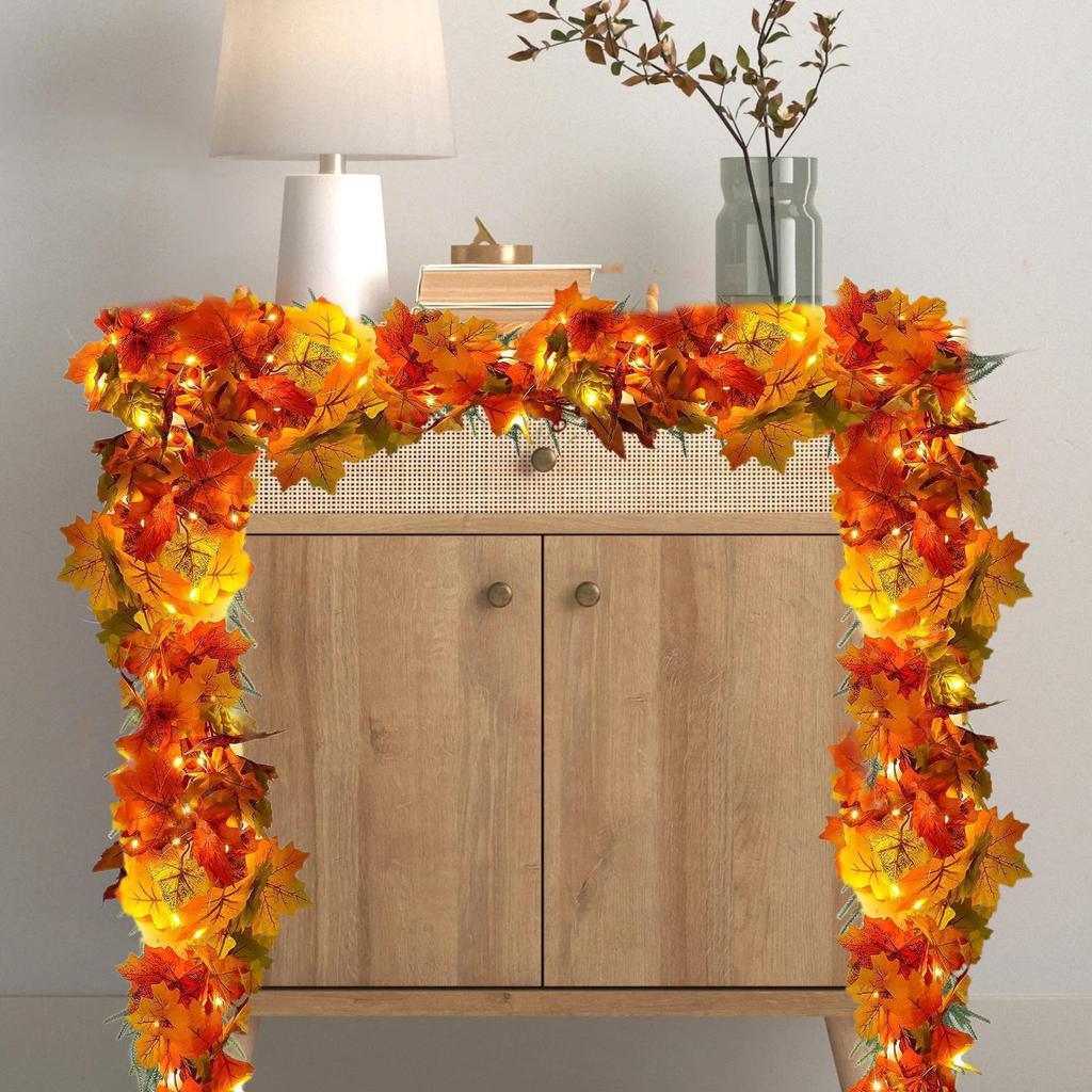 Autumn Fall Leaves Garland with LED vines Artificial Fake Plants Garland for Thanksgiving Halloween Festivals Wedding Decoration