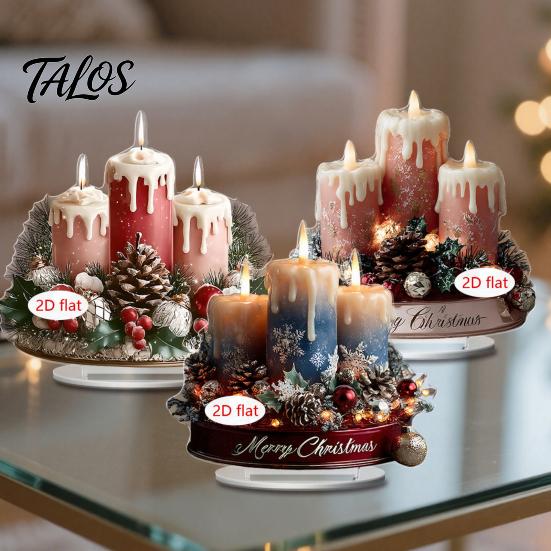New Year Party Supplies Christmas Candle Ornament, 2D Flat Acrylic Ornament with Base, Tabletop Ornaments Snowman Reindeer Festive Table Centerpiece