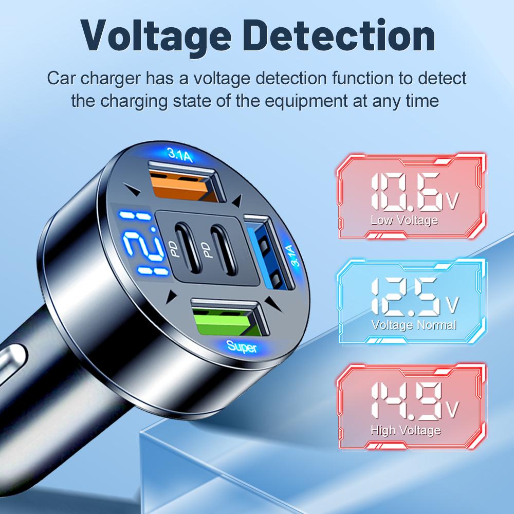 111W 1-Port Car Charger PD QC1.1 USB C Fast Charging Car Phone Adapter With LED Voltage Display For iPhone Samsung Huawei Xiaomi