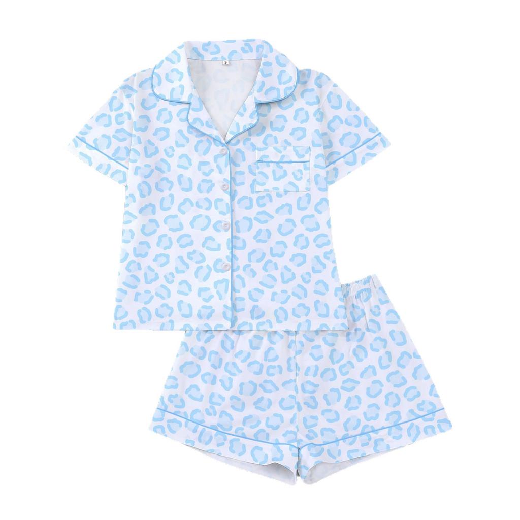 New women's pajamas printed lapel collar short-sleeved shorts European and American loungewear women pajamas