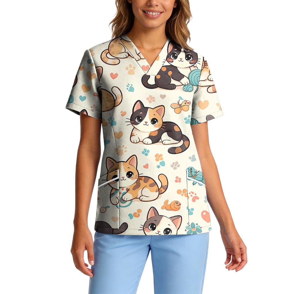 Women's Stretch Quick-Dry V-Neck Short Sleeve Workwear Top with Animal Print & Pockets