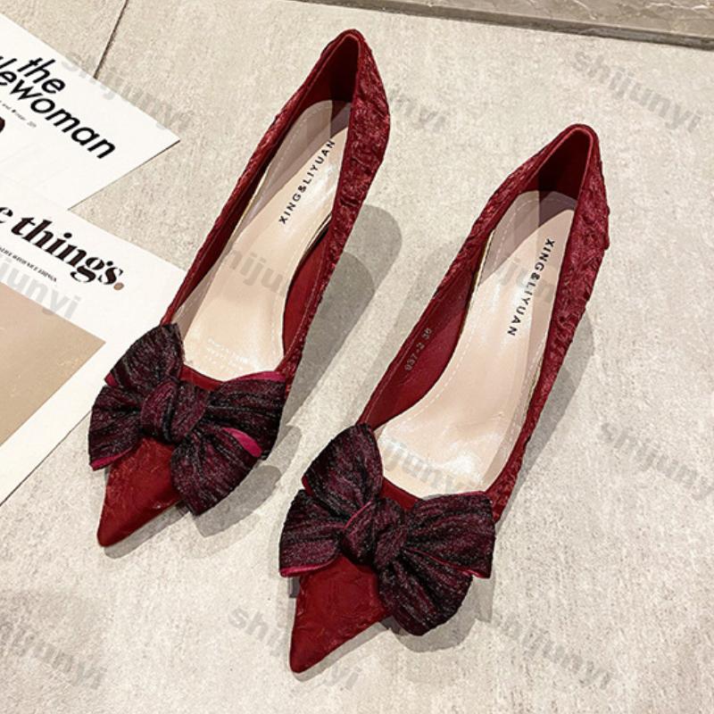 Fashion Sexy High Heels Pumps for Women 2025 Spring New Slip On Thin Heeled Party Shoes Ladies Pu Leather Pointed Toe Bows Single Shoes