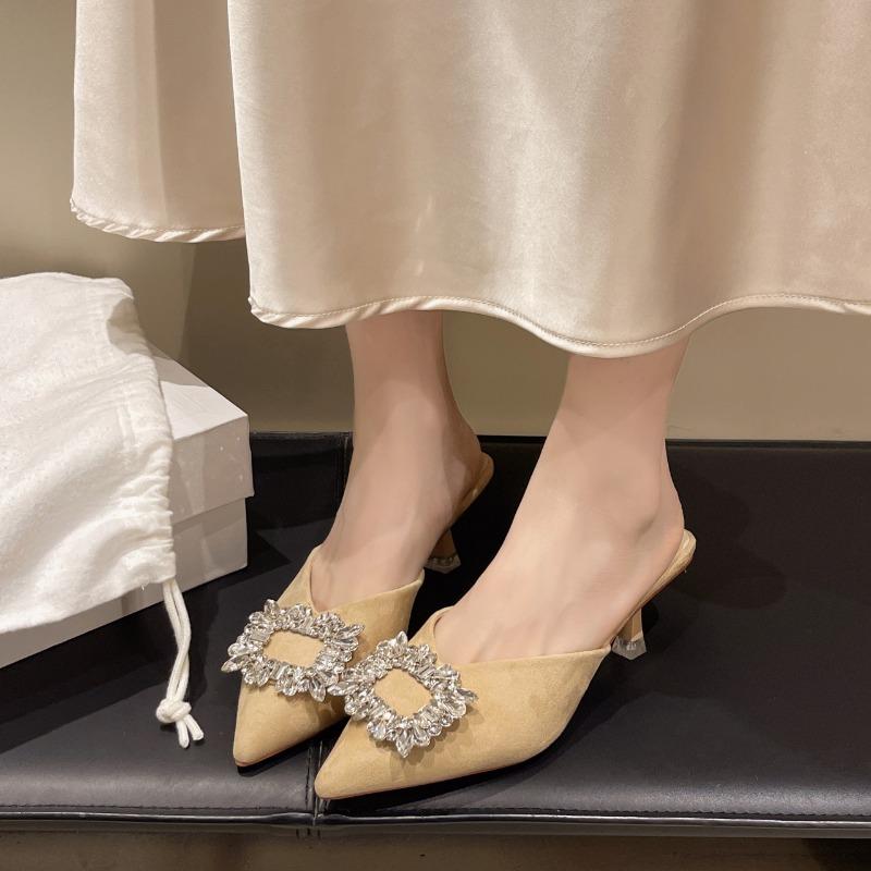 Fashion Shoes Female 2025 Summer New Women’s Closed Toe Slippers Fashion Crystal Square Button Slippers Thin Heels for Daily & Dress