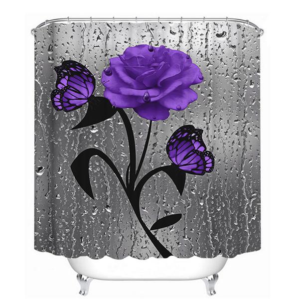 4PCS Flowers Rose Print 3D Shower Curtain Waterproof Polyester Bathroom Curtain Anti-slip Bath Mat Toilet Rugs Carpet Bath Sst Decor