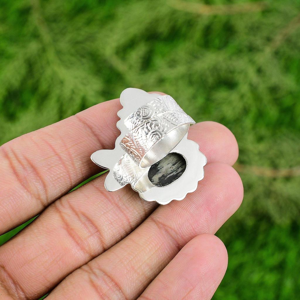 Natural Silver Leaf Jasper Gemstone Multi Stone Adjustable Ring 925 Silver