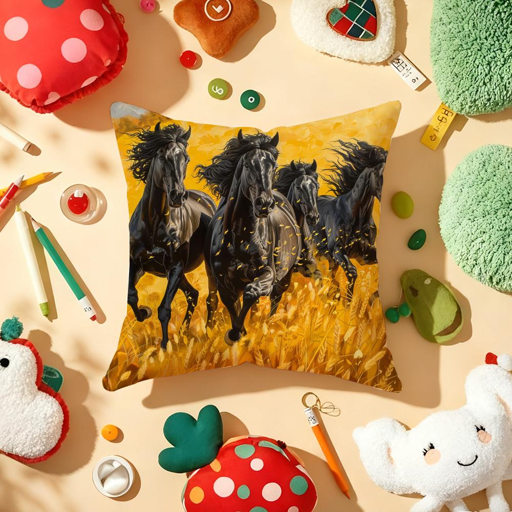 Oil Painting Horse Cushion Cover Plush Fabric Soft Double-Sided Printed Sofa Warm Winter Home Gift Pillow Cover