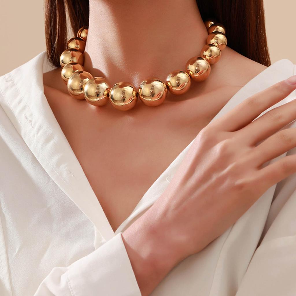 CCB Big Ball Beads Necklace with Heart Pendant Clavicle Chain Exaggerated Adjustable Choker Adornment Jewelry for Women