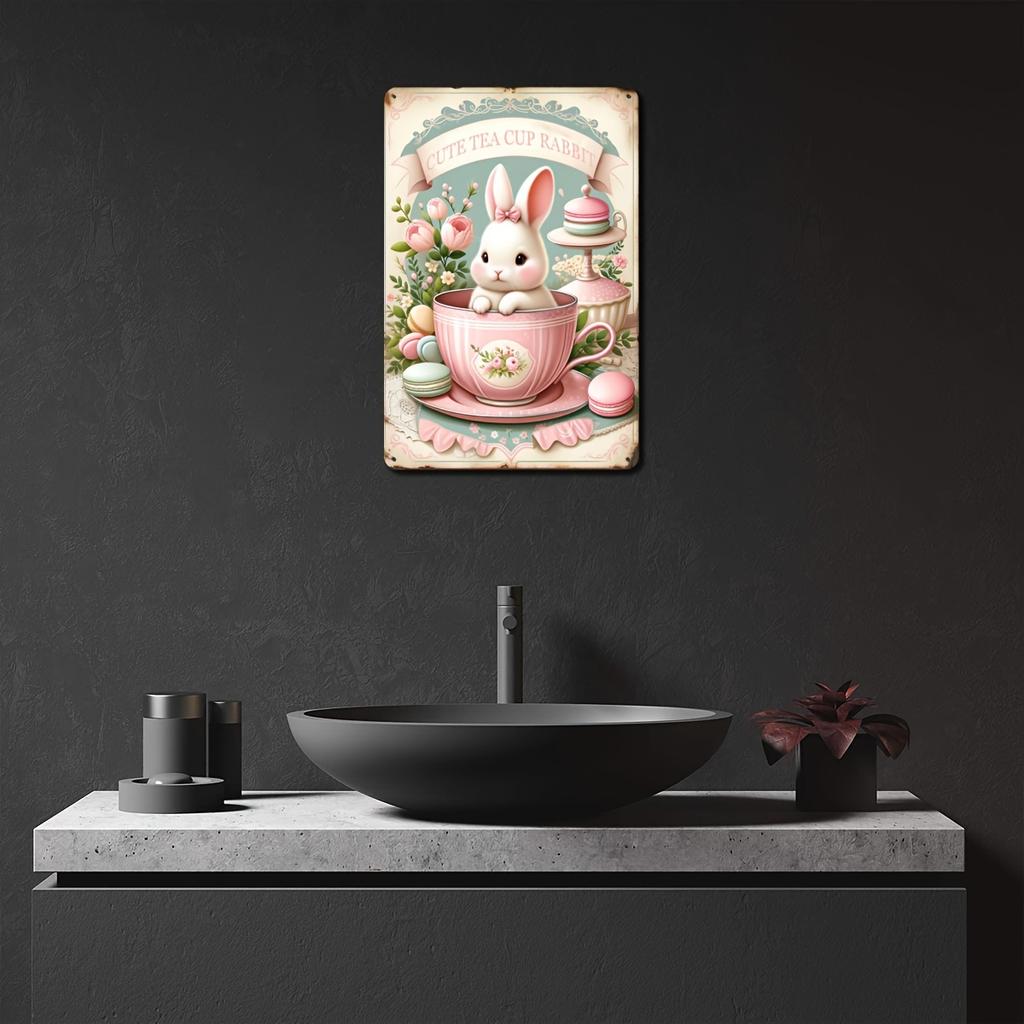 Charming Vintage Pink Teacup Rabbit Metal Sign for Patio, Kitchen, Bedroom & Outdoor Decor, Bunny Decor for Room Decor